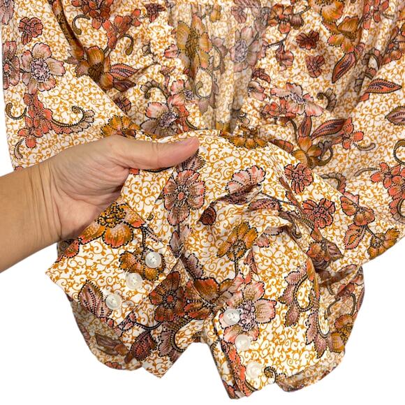 Free People Top I Got You Printed Floral Orange White Ruched Smocked V-Neck Sx S - Picture 5 of 11